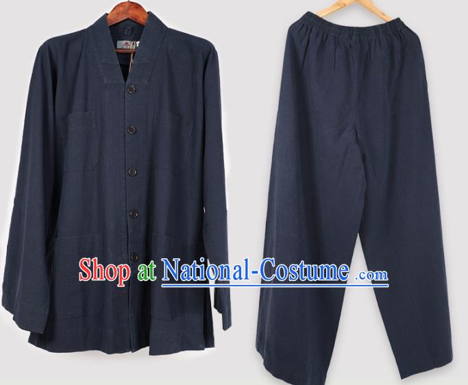 Traditional Chinese Monk Costume Meditation Navy Shirt and Pants for Men