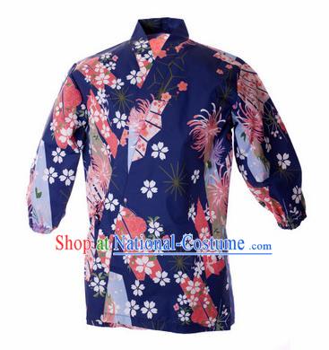 Traditional Japanese Printing Chrysanthemum Navy Shirt Kimono Asian Japan Costume for Men