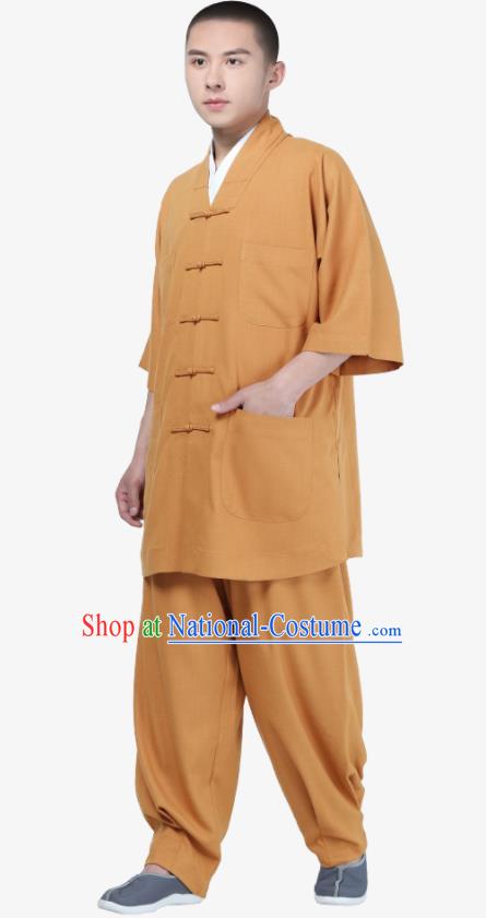 Traditional Chinese Monk Costume Meditation Khaki Shirt and Pants for Men