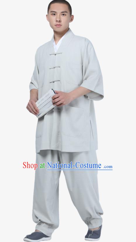 Traditional Chinese Monk Costume Meditation Light Grey Shirt and Pants for Men