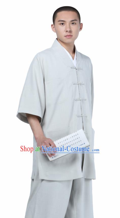 Traditional Chinese Monk Costume Meditation Light Grey Shirt and Pants for Men