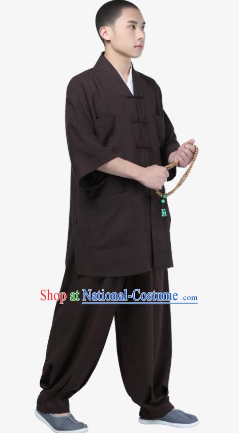 Traditional Chinese Monk Costume Meditation Brown Shirt and Pants for Men