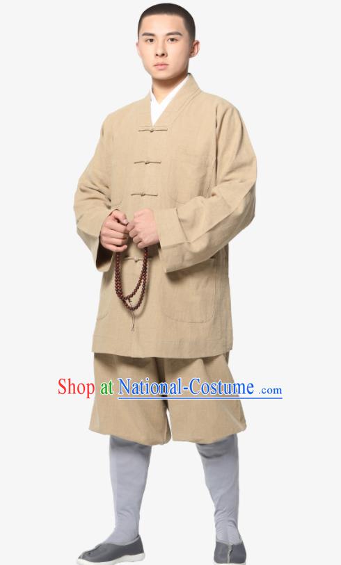 Traditional Chinese Monk Costume Meditation Khaki Ramie Shirt and Pants for Men