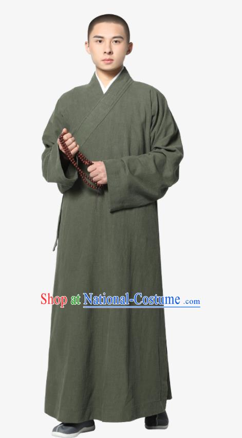 Traditional Chinese Monk Costume Olive Green Ramie Long Gown for Men