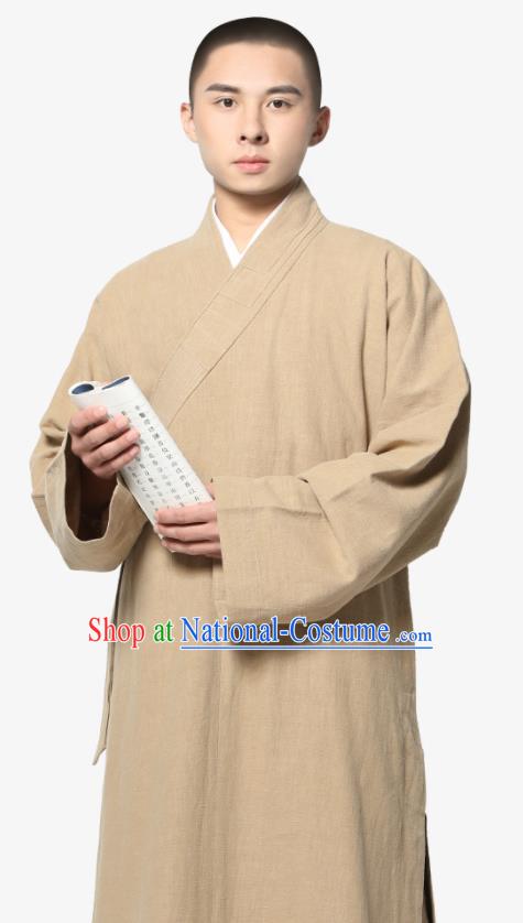 Traditional Chinese Monk Costume Khaki Ramie Long Gown for Men