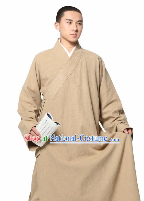 Traditional Chinese Monk Costume Khaki Ramie Long Gown for Men