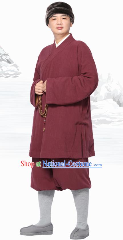 Traditional Chinese Monk Costume Meditation Purplish Red Flax Outfits Shirt and Pants for Men