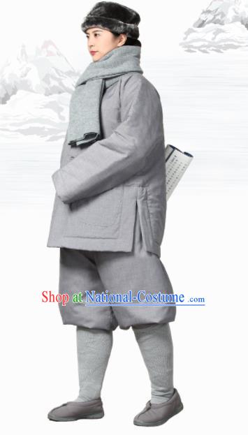 Traditional Chinese Monk Costume Meditation Outfits Grey Cotton Wadded Jacket Shirt and Pants for Men