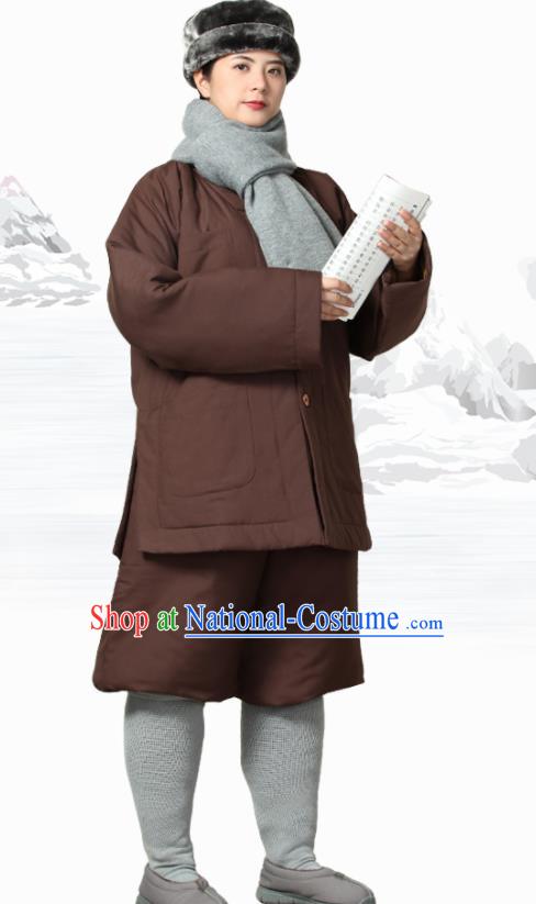 Traditional Chinese Monk Costume Meditation Outfits Brown Cotton Wadded Jacket Shirt and Pants for Men