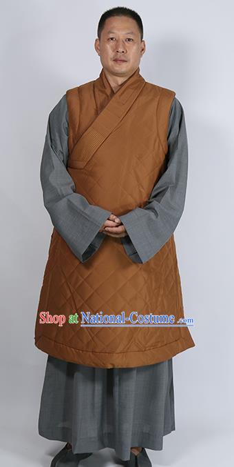 Traditional Chinese Monk Costume Lay Buddhists Khaki Cotton Padded Jacket for Men