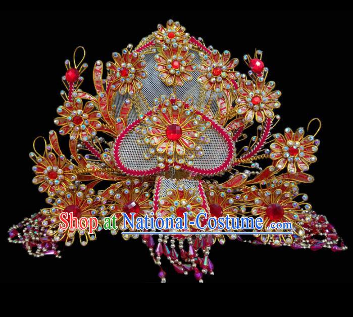 Chinese Traditional Beijing Opera Hair Accessories Peking Opera Diva Red Beads Phoenix Coronet for Adults