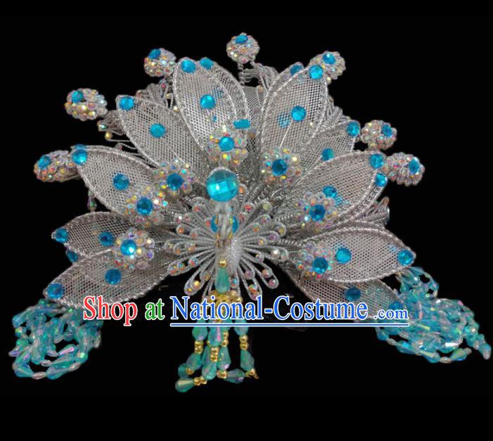 Chinese Traditional Beijing Opera Hair Accessories Peking Opera Diva Blue Beads Phoenix Coronet for Adults