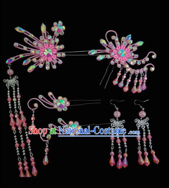 Chinese Traditional Beijing Opera Hair Accessories Peking Opera Diva Pink Flower Hairpins Complete Set for Adults