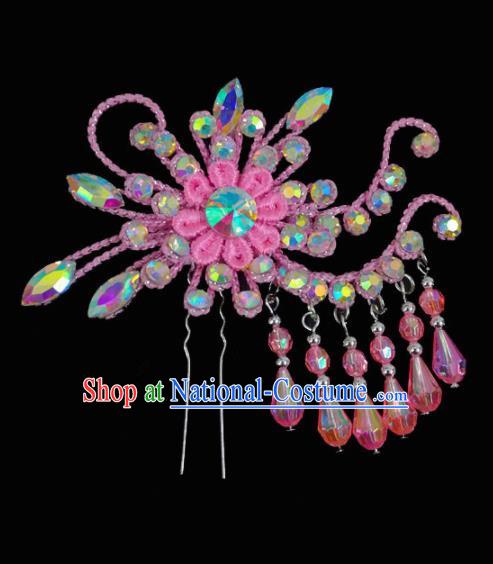 Chinese Traditional Beijing Opera Hair Accessories Peking Opera Diva Pink Flower Tassel Hairpins for Adults