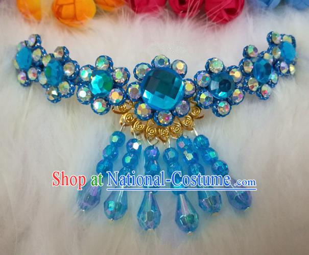 Chinese Traditional Beijing Opera Hair Accessories Peking Opera Diva Blue Crystal Frontlet Hairpins for Adults