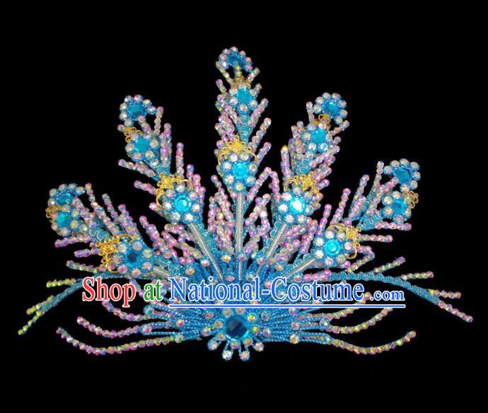 Chinese Traditional Beijing Opera Hair Accessories Peking Opera Diva Blue Phoenix Hairpins for Adults