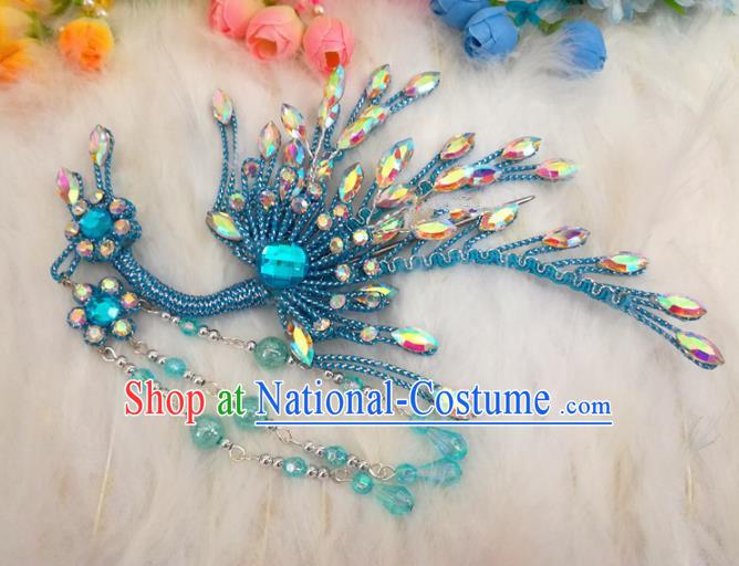 Chinese Traditional Beijing Opera Hair Accessories Peking Opera Diva Blue Phoenix Hairpins for Adults