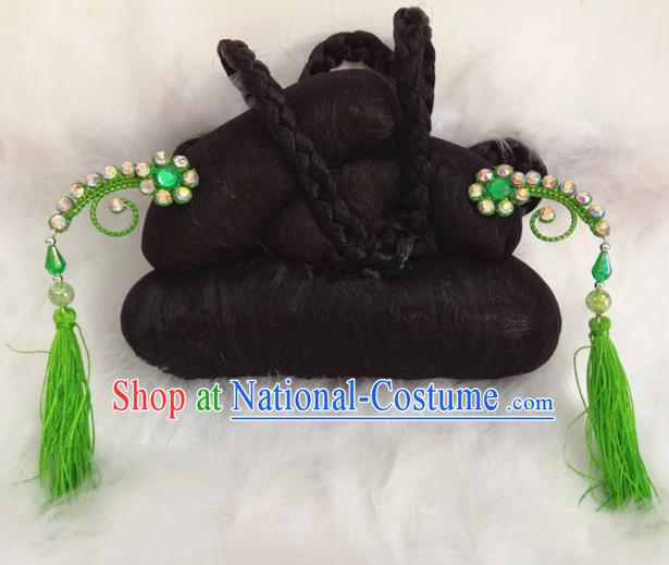 Chinese Traditional Beijing Opera Hair Accessories Peking Opera Green Tassel Hairpins for Adults