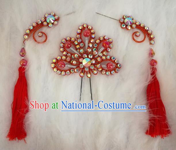 Chinese Traditional Beijing Opera Hair Accessories Peking Opera Red Flower Hairpins Tassel Step Shake for Adults