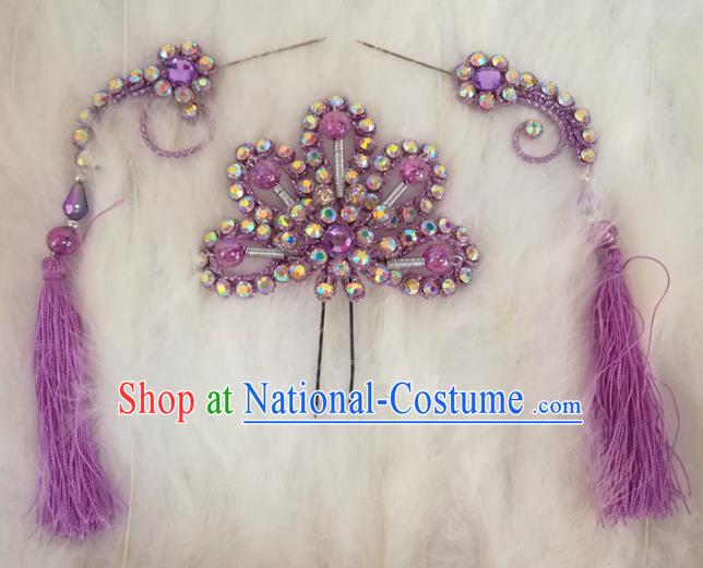 Chinese Traditional Beijing Opera Hair Accessories Peking Opera Purple Flower Hairpins Tassel Step Shake for Adults