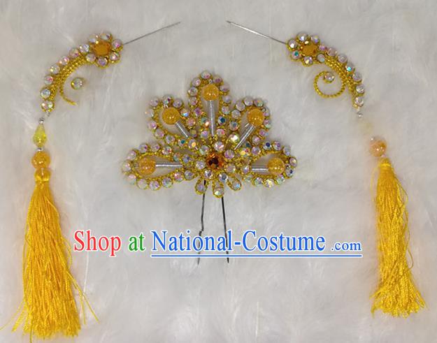 Chinese Traditional Beijing Opera Hair Accessories Peking Opera Yellow Flower Hairpins Tassel Step Shake for Adults