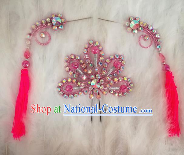 Chinese Traditional Beijing Opera Hair Accessories Peking Opera Rosy Flower Hairpins Tassel Step Shake for Adults