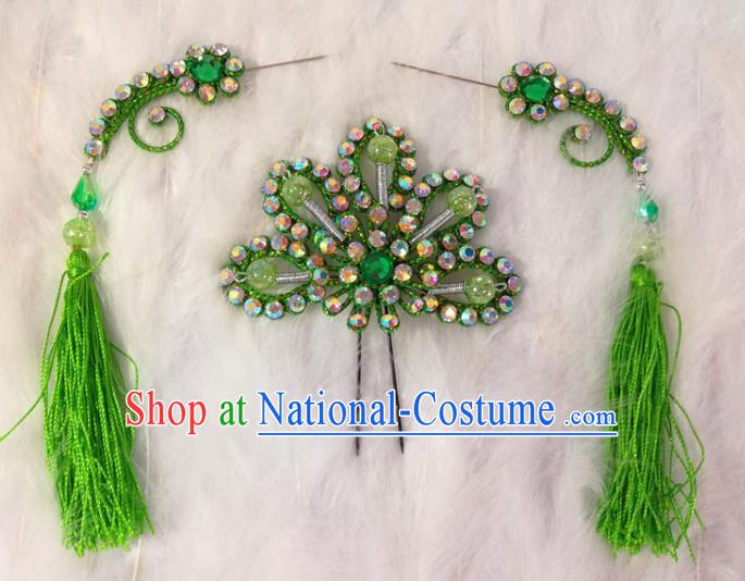 Chinese Traditional Beijing Opera Hair Accessories Peking Opera Green Flower Hairpins Tassel Step Shake for Adults