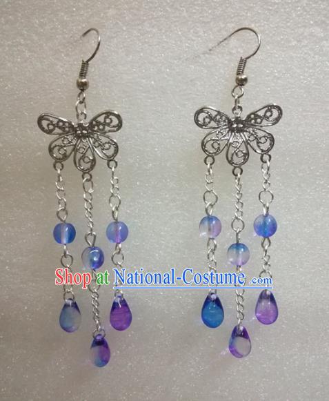 Chinese Traditional Beijing Opera Accessories Peking Opera Purple Beads Tassel Butterfly Earrings for Adults