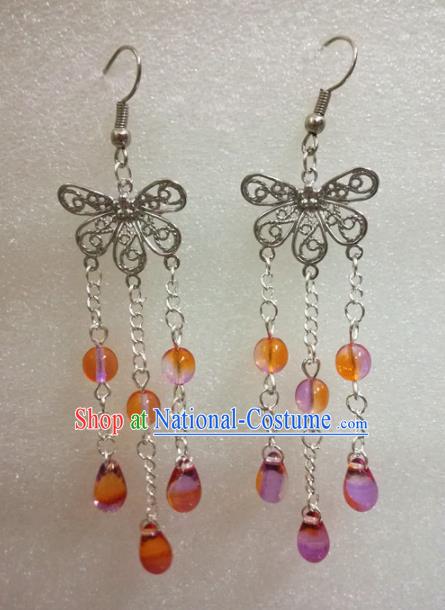 Chinese Traditional Beijing Opera Accessories Peking Opera Orange Beads Tassel Butterfly Earrings for Adults