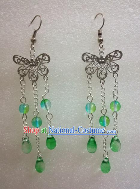 Chinese Traditional Beijing Opera Accessories Peking Opera Green Beads Tassel Butterfly Earrings for Adults