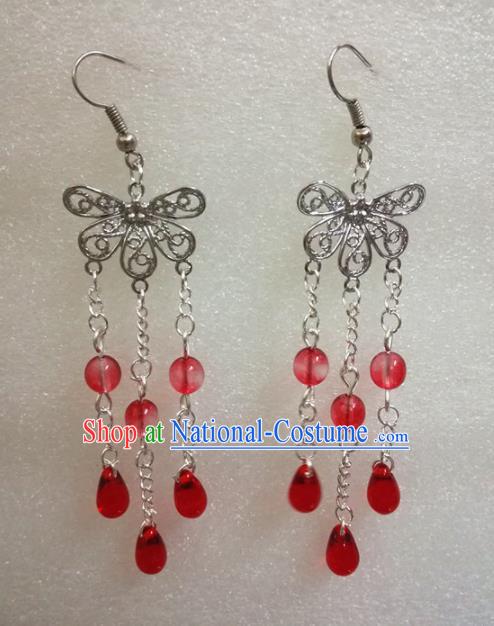 Chinese Traditional Beijing Opera Accessories Peking Opera Red Beads Tassel Butterfly Earrings for Adults