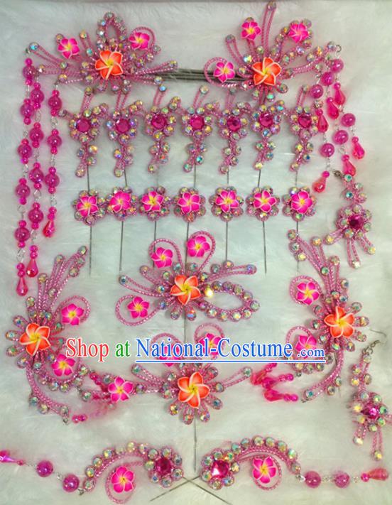 Chinese Traditional Beijing Opera Hair Accessories Peking Opera Pink Flower Hairpins Complete Set for Adults