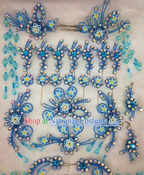 Chinese Traditional Beijing Opera Hair Accessories Peking Opera Blue Flower Hairpins Complete Set for Adults