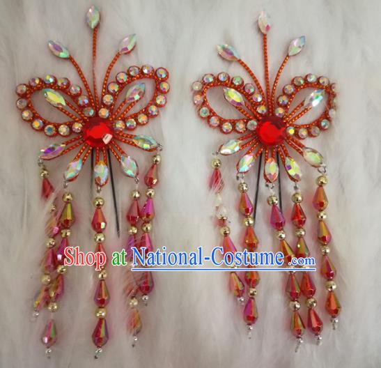 Chinese Traditional Beijing Opera Hair Accessories Peking Opera Red Butterfly Tassel Hairpins for Adults