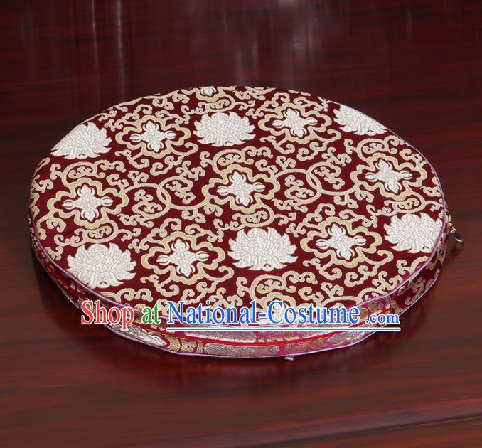 Chinese Classical Household Ornament Wine Red Brocade Rush Cushion Cover Traditional Lotus Pattern Mat Cover