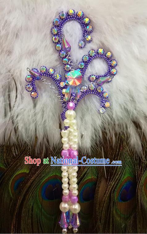 Chinese Traditional Beijing Opera Hair Accessories Peking Opera Beads Tassel Purple Phoenix Hairpins for Adults