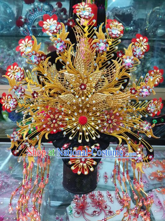 Chinese Traditional Beijing Opera Actress Golden Phoenix Coronet Head Ornaments Hair Accessories for Adults