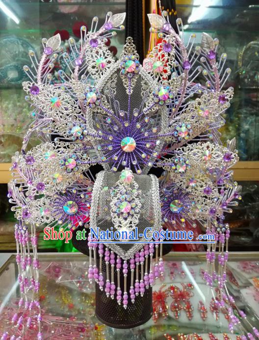 Chinese Traditional Beijing Opera Actress Purple Phoenix Coronet Head Ornaments Hair Accessories for Adults