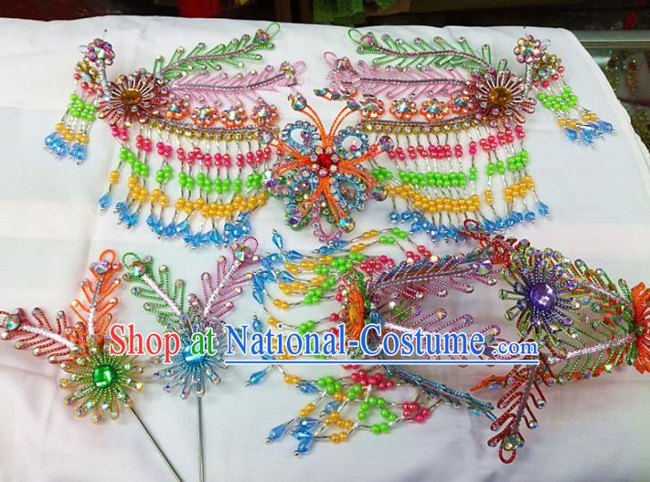 Chinese Traditional Beijing Opera Colorful Phoenix Head Ornaments Hairpins Hair Accessories for Adults