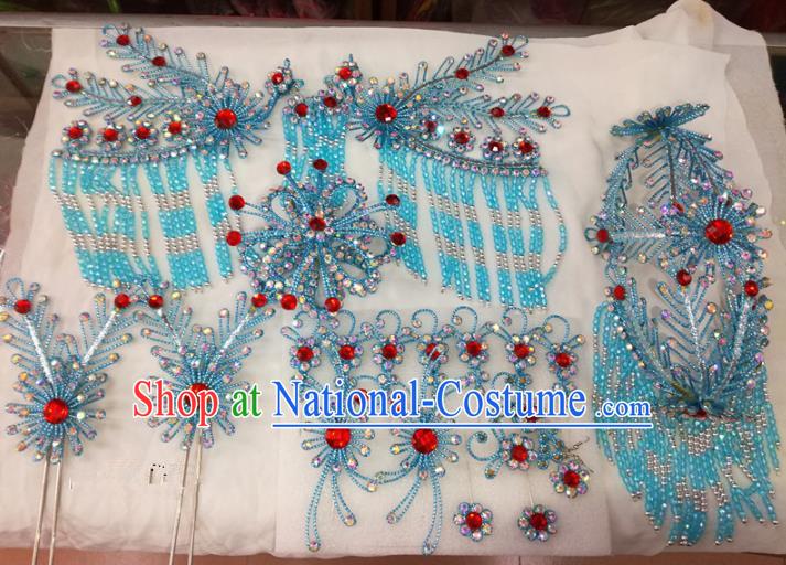 Chinese Traditional Beijing Opera Blue Phoenix Head Ornaments Hairpins Hair Accessories for Adults