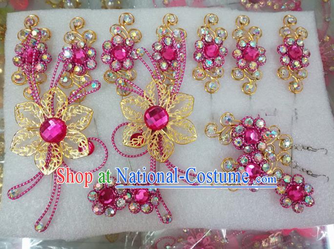 Chinese Traditional Beijing Opera Actress Crystal Rosy Hairpins Hair Accessories for Adults