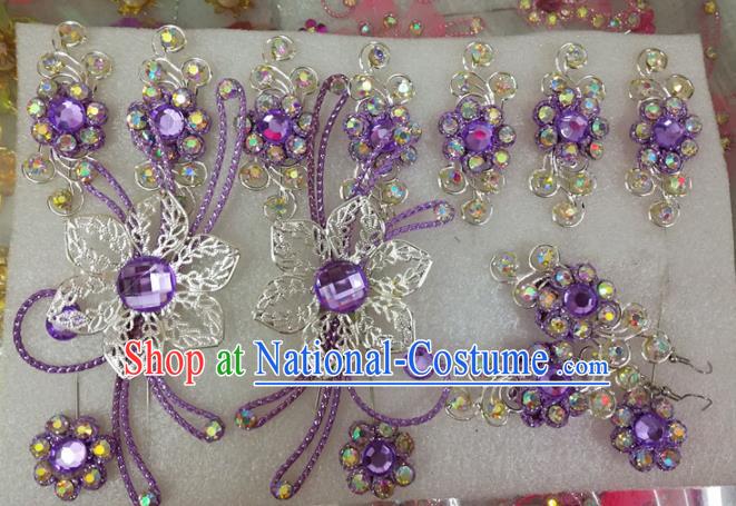 Chinese Traditional Beijing Opera Actress Crystal Purple Hairpins Hair Accessories for Adults