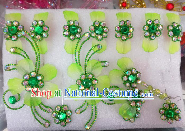 Chinese Traditional Beijing Opera Hair Accessories Peking Opera Princess Green Flowers Hairpins Complete Set for Adults