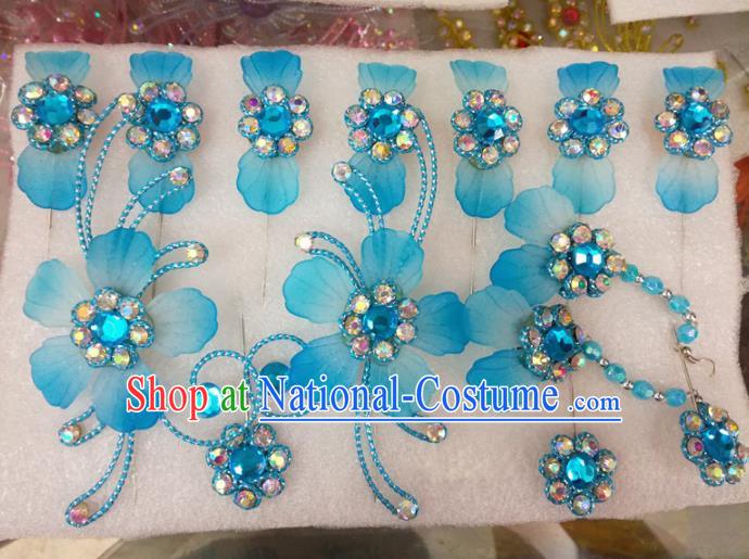 Chinese Traditional Beijing Opera Hair Accessories Peking Opera Princess Blue Flowers Hairpins Complete Set for Adults