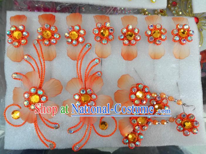 Chinese Traditional Beijing Opera Hair Accessories Peking Opera Princess Orange Flowers Hairpins Complete Set for Adults