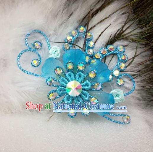 Chinese Traditional Beijing Opera Actress Hair Accessories Peking Opera Princess Blue Flowers Hairpins for Adults