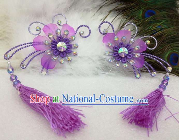 Chinese Traditional Beijing Opera Actress Purple Tassel Flower Hair Clips Hair Accessories Ancient Hairpins for Adults