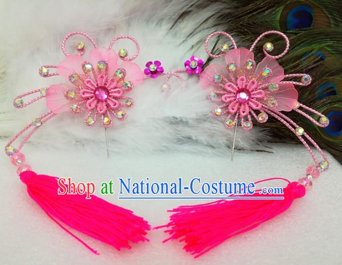 Chinese Traditional Beijing Opera Actress Pink Tassel Flower Hair Clips Hair Accessories Ancient Hairpins for Adults