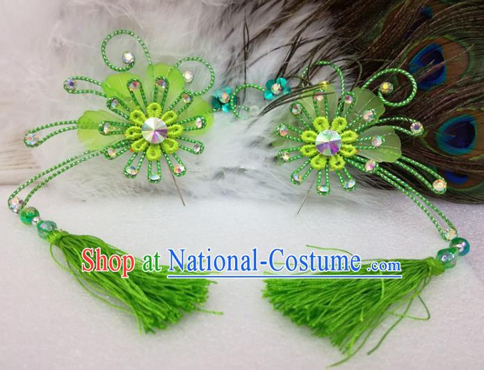 Chinese Traditional Beijing Opera Actress Green Tassel Flower Hair Clips Hair Accessories Ancient Hairpins for Adults