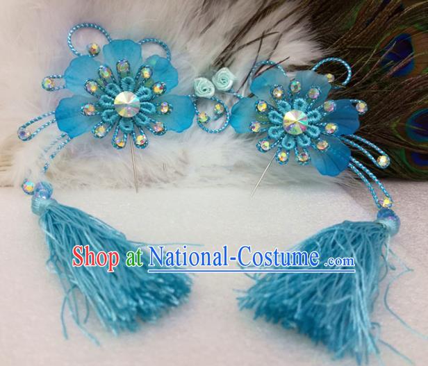 Chinese Traditional Beijing Opera Actress Blue Tassel Flower Hair Clips Hair Accessories Ancient Hairpins for Adults